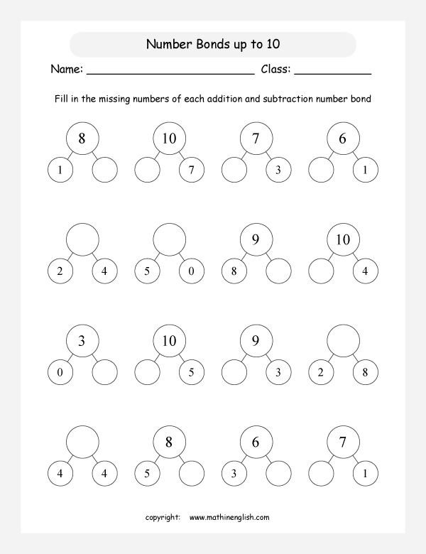 Use your math skills to calculate the addends of number bonds up to 10.