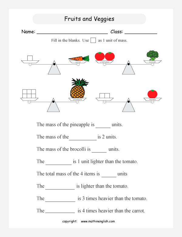 Compare the mass of fruits and veggies with the mass of squared blocks