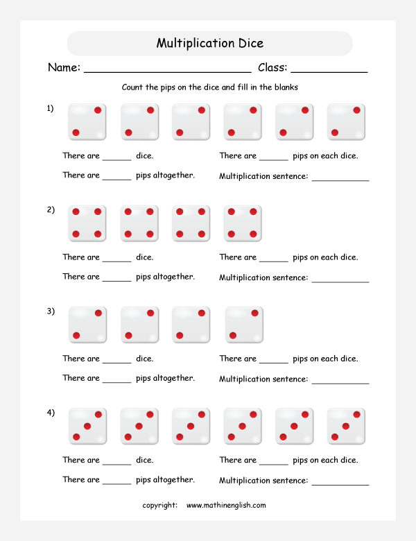 Math multiplication worksheet with dice and groups of 2,3 and 4 pips