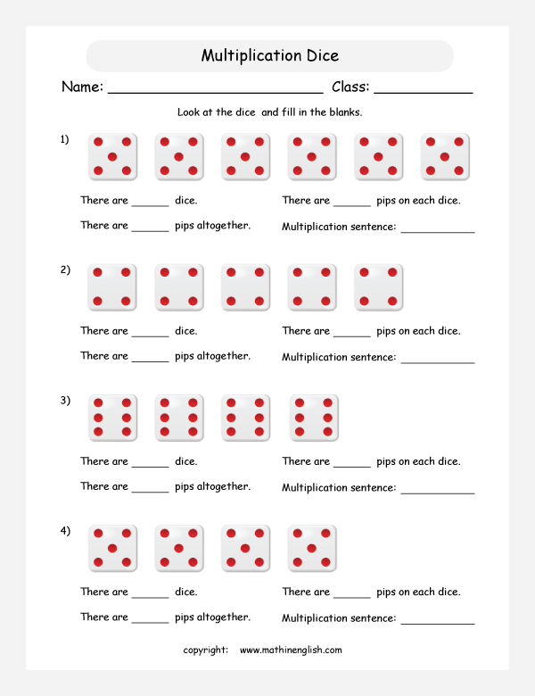 Math multiplication worksheet With dice And Groups Of 4 5 And 6 Pips Multiplication As The 