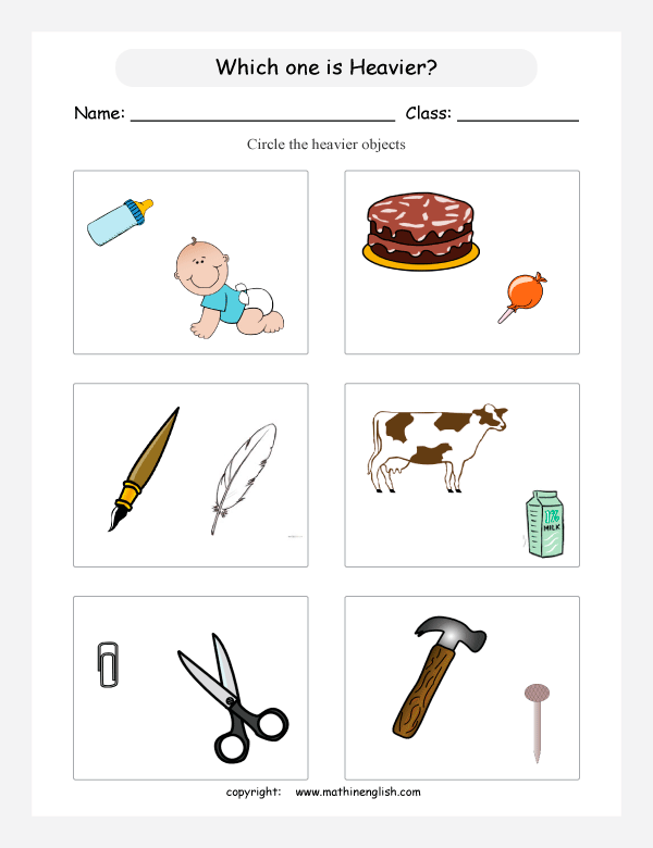 comparing mass worksheets for primary math  