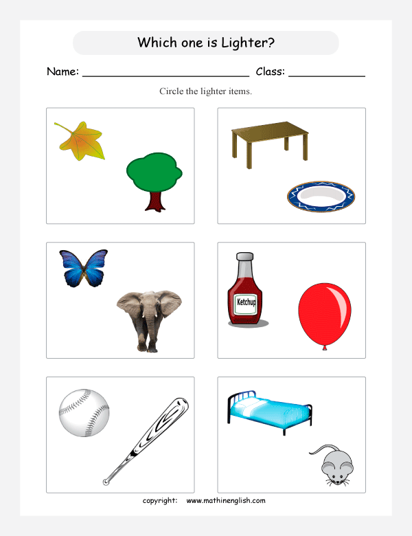 comparing mass worksheets for primary math  