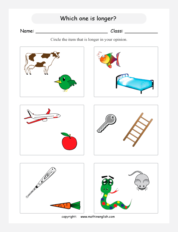 comparing length worksheets for primary math  