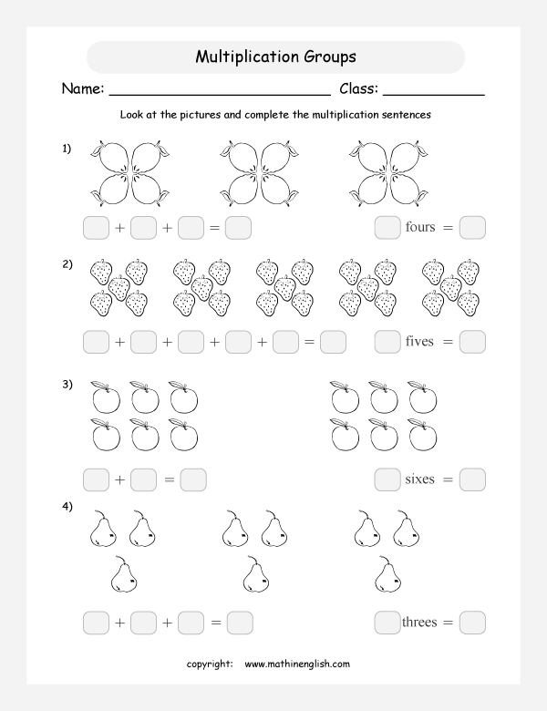 printable math multiplication with pictures worksheets for kids in primary and elementary math class 