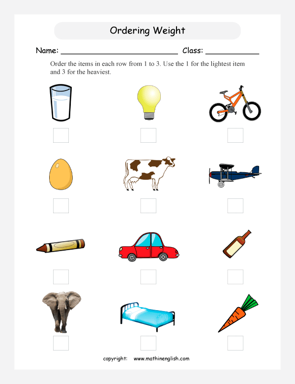 comparing mass worksheets for primary math  