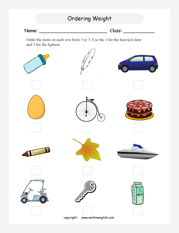 comparing mass worksheets for primary math  