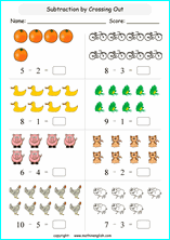 Subtraction math worksheets for primary math education, online math