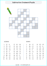 printable math subtraction crossword worksheets for kids in primary and elementary math class 