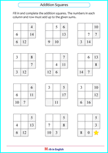 addition boxes with sums up to 20