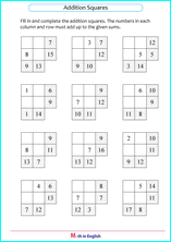 addition boxes with sums up to 20
