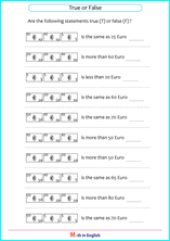 count Euro notes math worksheet
