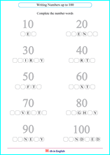 complete the number words up to 100 orksheet