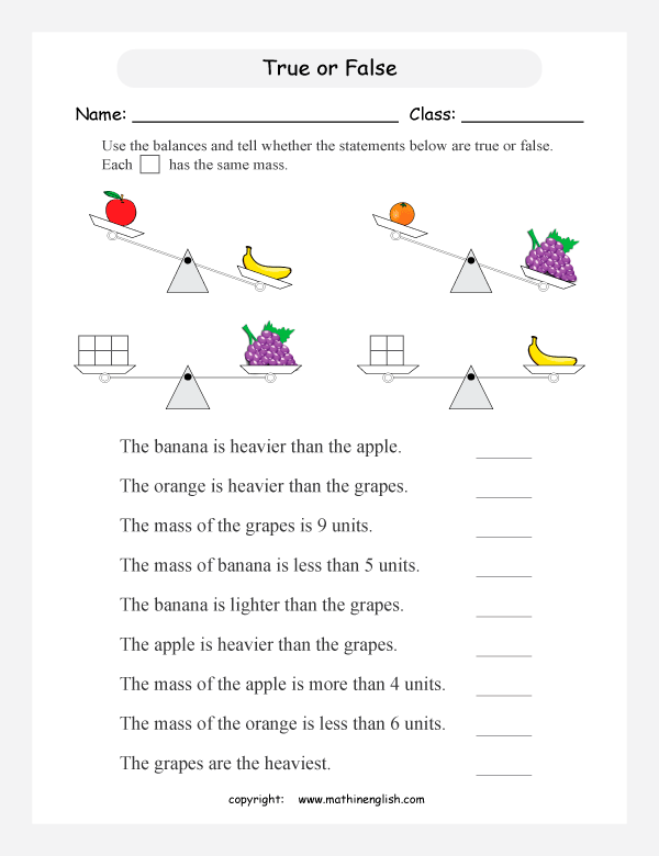 comparing mass worksheets for primary math  