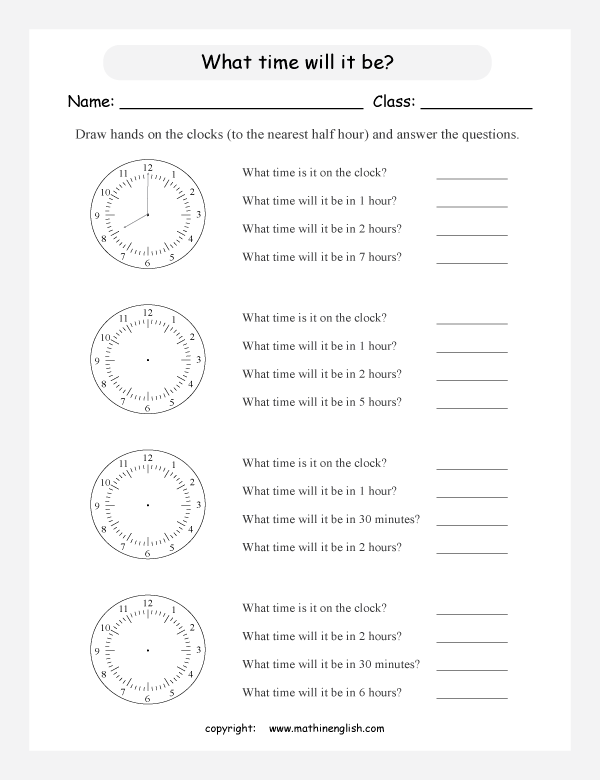 drawing hands on clocks worksheets for primary math