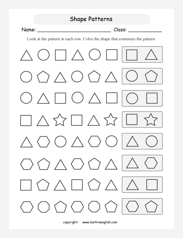 patterns with shapes geometry math worksheets for primary math class 