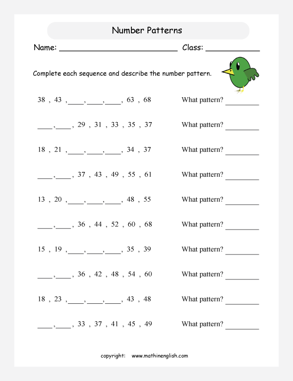 printable math number pattern worksheets for kids in primary and elementary math class 