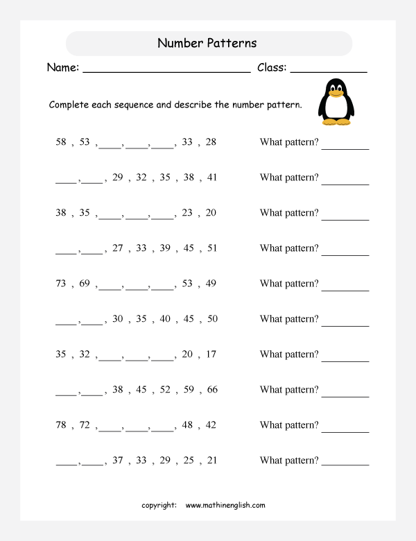 printable math number pattern worksheets for kids in primary and elementary math class 