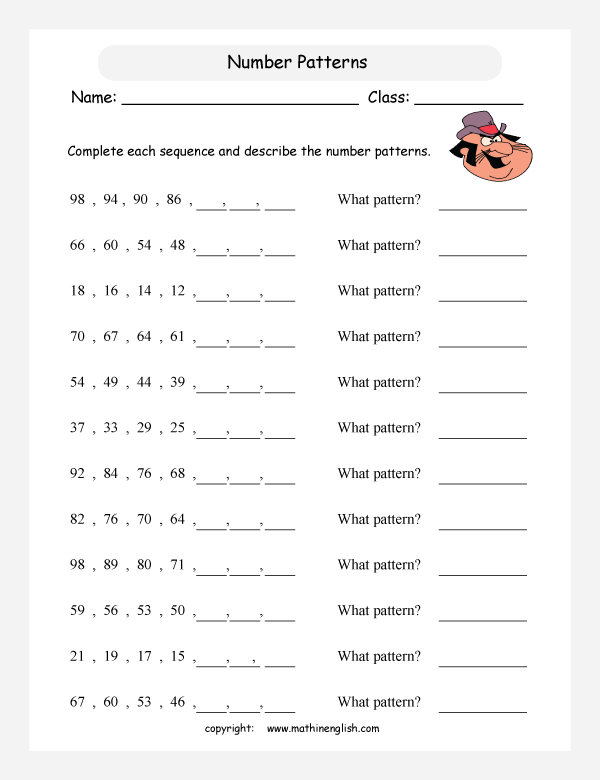 printable math number pattern worksheets for kids in primary and elementary math class 