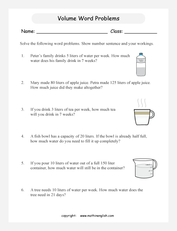 volume and capacity word problems worksheets for primary math