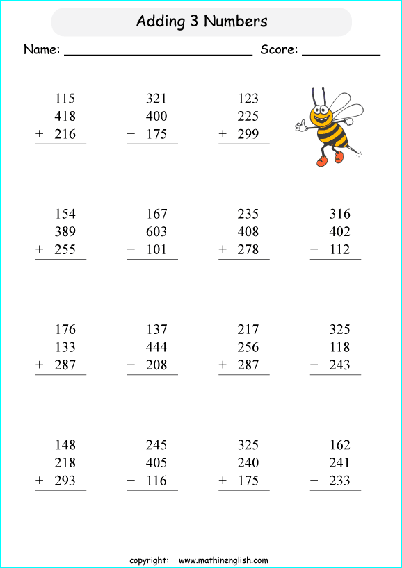 Adding 3 Three Digit Numbers With A Sum Up To 1 000 Math Addition