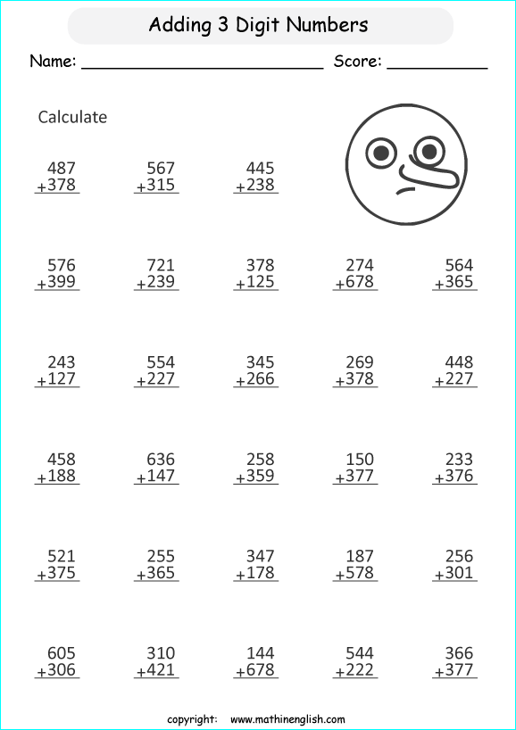 printable math addition 3 digits worksheets