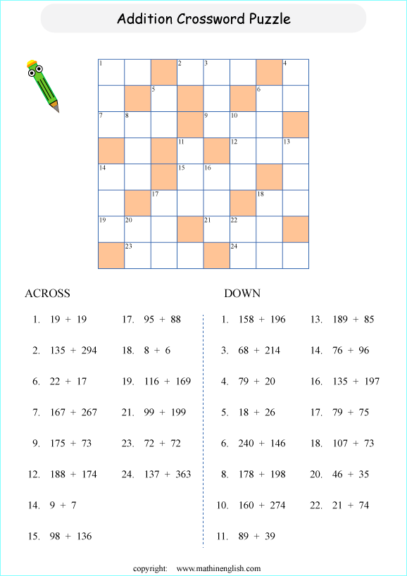 printable math addition crosswords worksheets