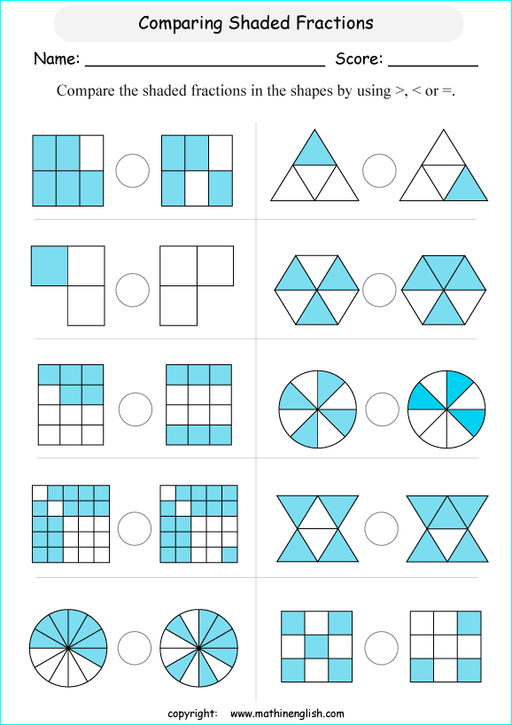 Compare fractions in shapes figures in terms of bigger, smaller or