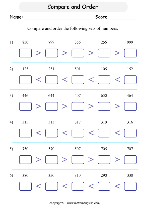 printable math comparing and ordering up to 1,000 worksheets for kids in primary and elementary math class 