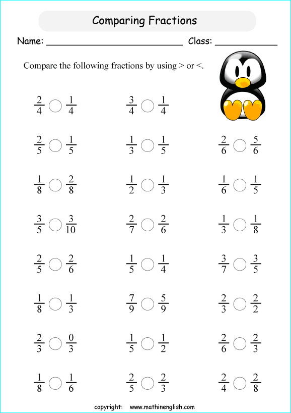 printable comparing and ordering fractions worksheets for kids in primary and elementary math class 