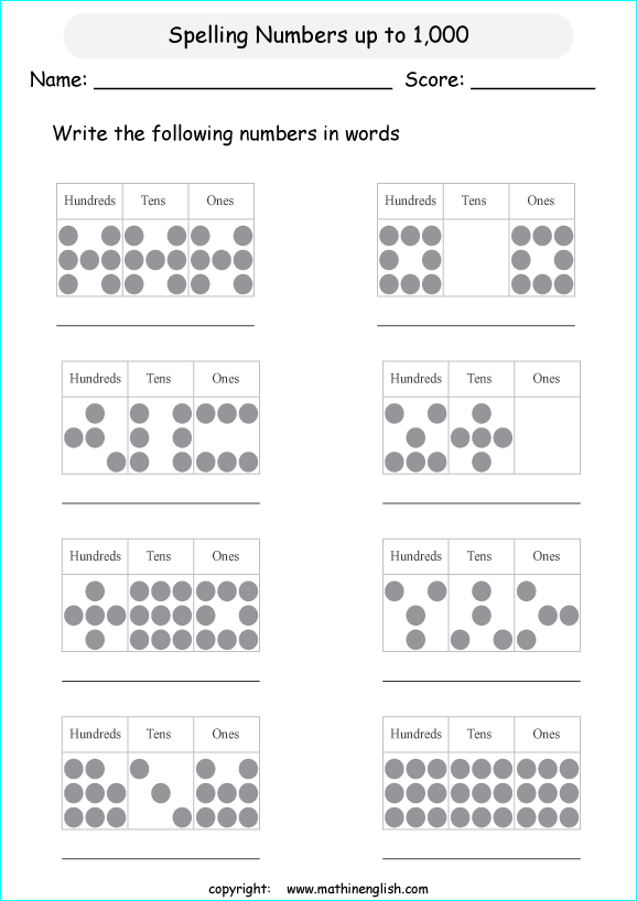 Count the hundreds, tens and ones and write the number words. Grade 2