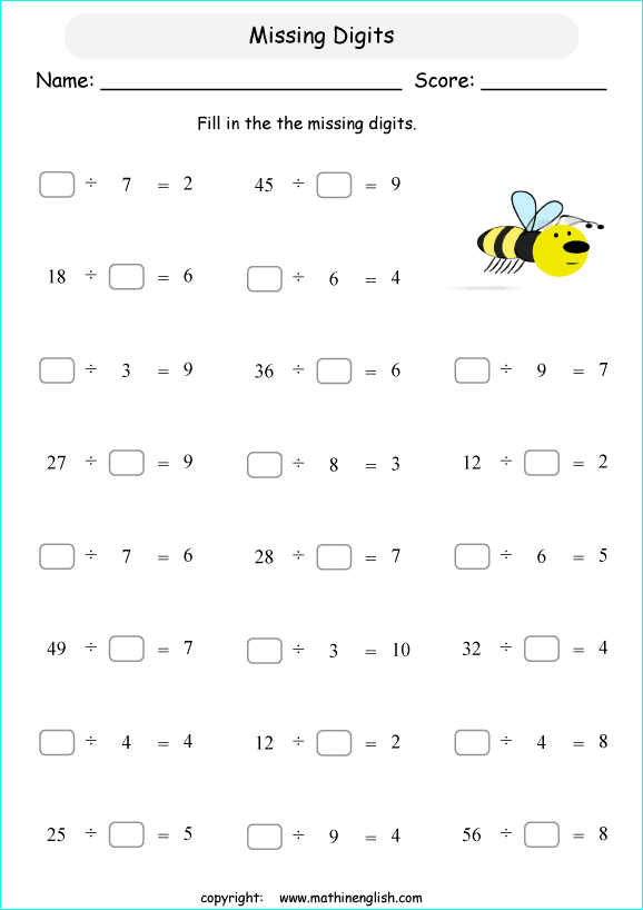 printable math missing numbers division worksheets for kids in primary and elementary math class 