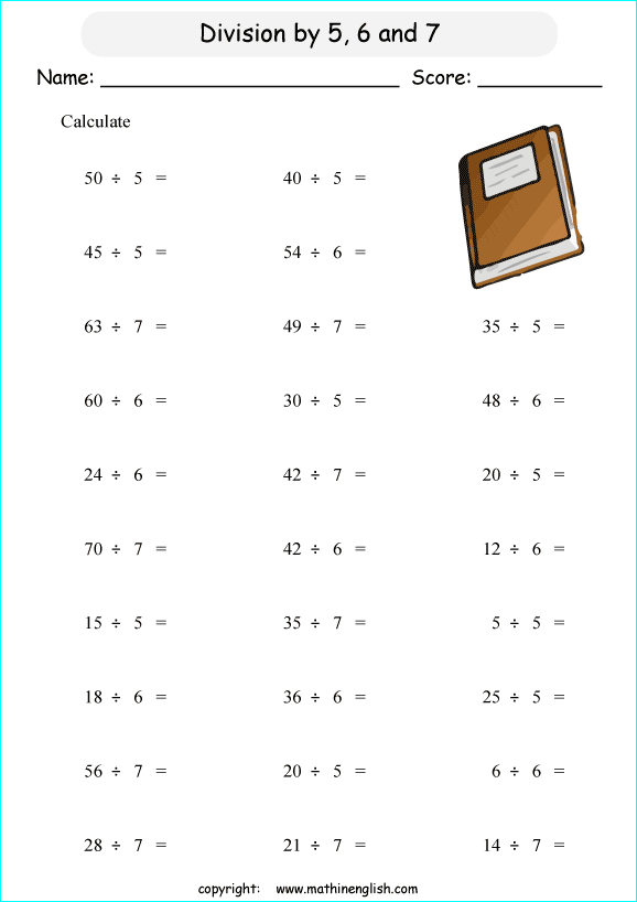 Divide the numbers by 5,6 and 7. Grade 1 and 2 basic division facts