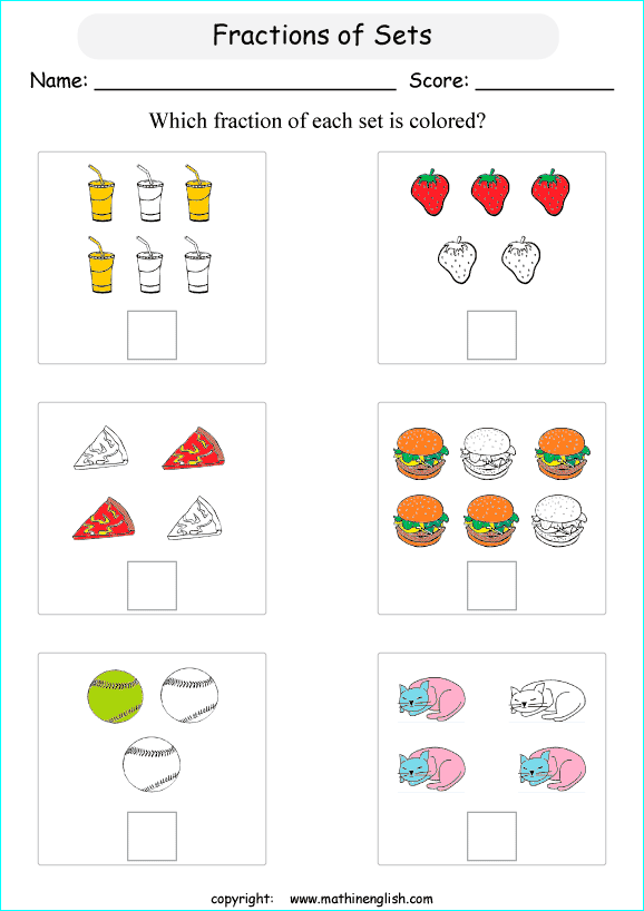 printable fraction with pictures and shapes worksheets for kids in primary and elementary math class 