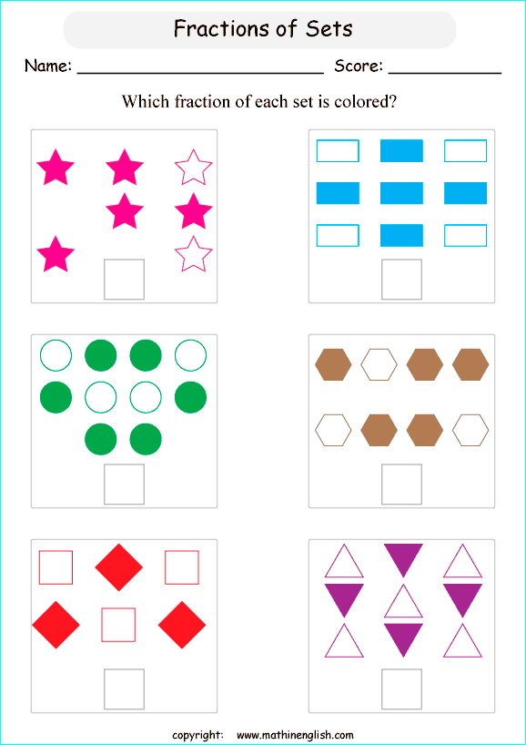 printable fraction with pictures and shapes worksheets for kids in primary and elementary math class 