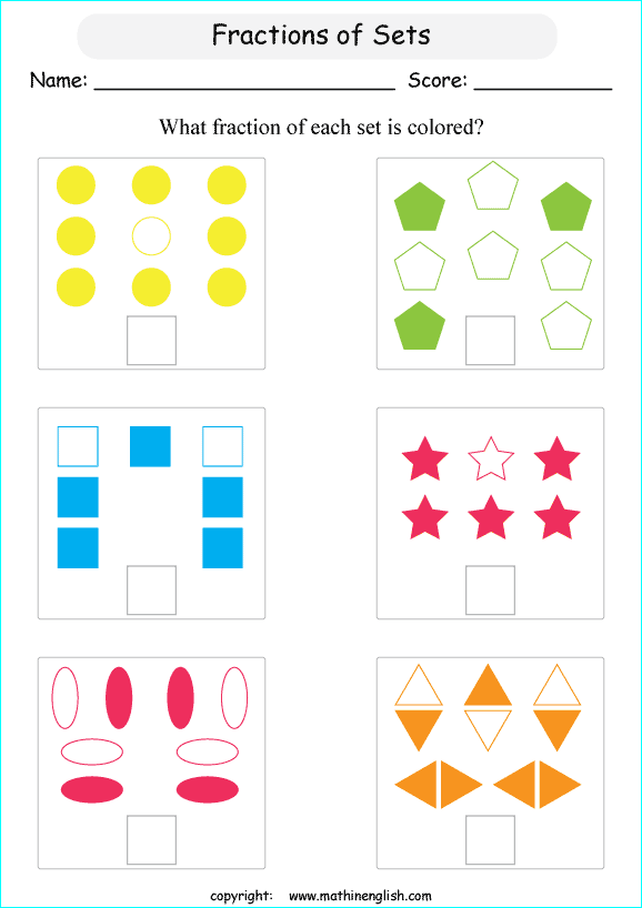 printable fraction with pictures and shapes worksheets for kids in primary and elementary math class 