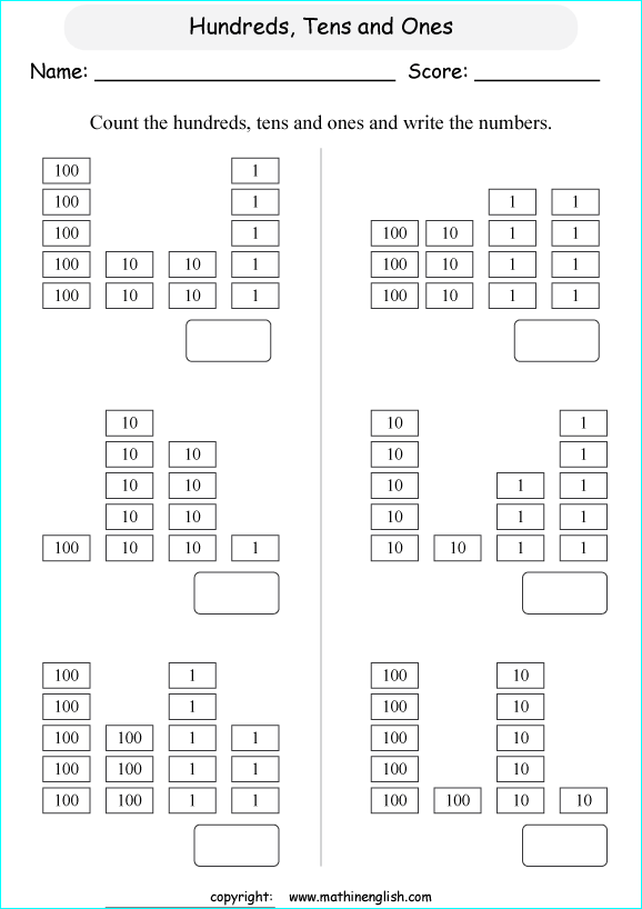 printable math place value of 3 digit number worksheets for kids in primary and elementary math class 