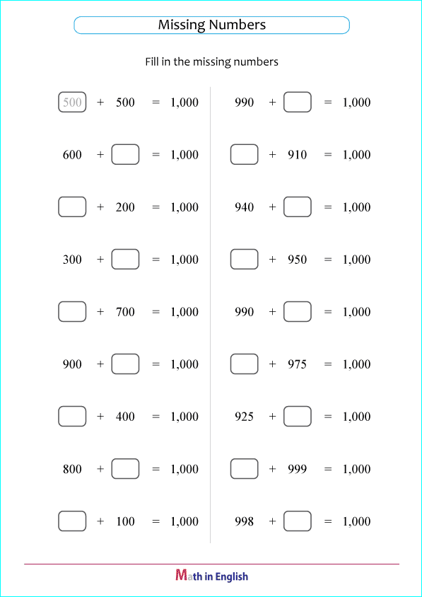 missing addends with sum up to 1,000