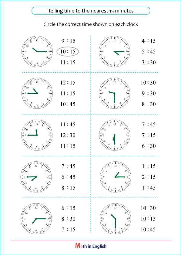 telling time to the nearest 15 minutes