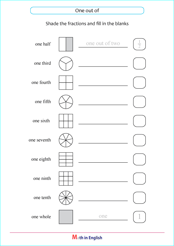 one out of fraction words worksheet
