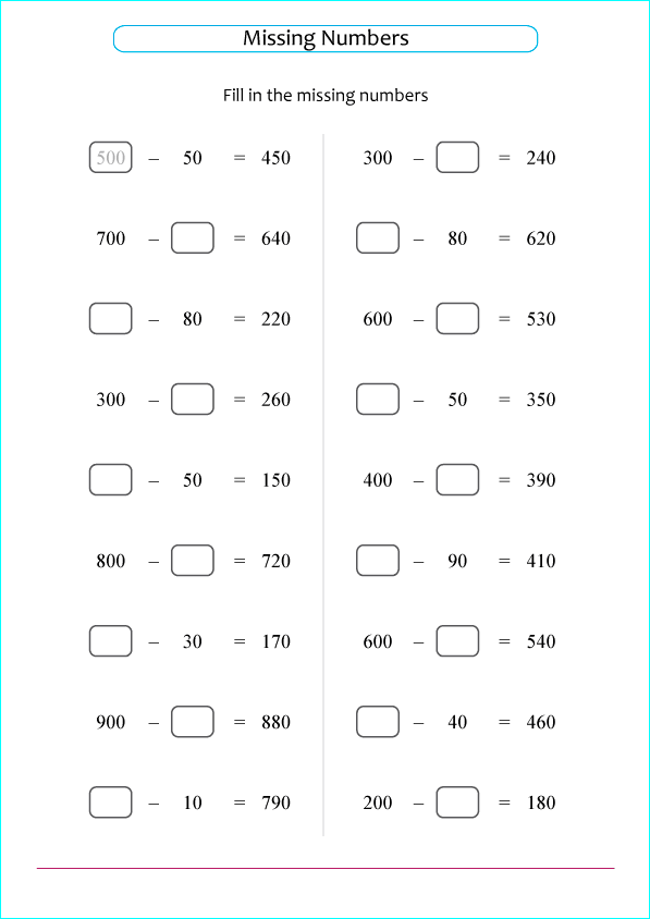 missing numbers within 1,000 worksheet