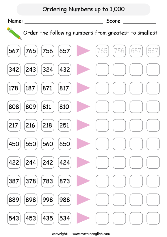 Ordering Numbers Three Digit Worksheet