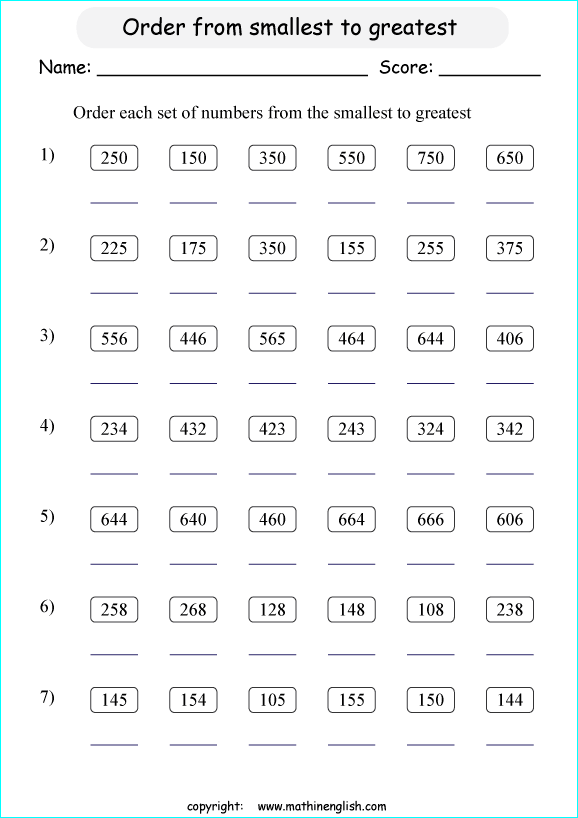 Least To Greatest 3 Digit Numbers Worksheets