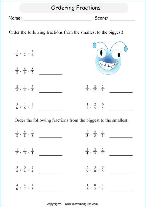 printable comparing and ordering fractions worksheets for kids in primary and elementary math class 