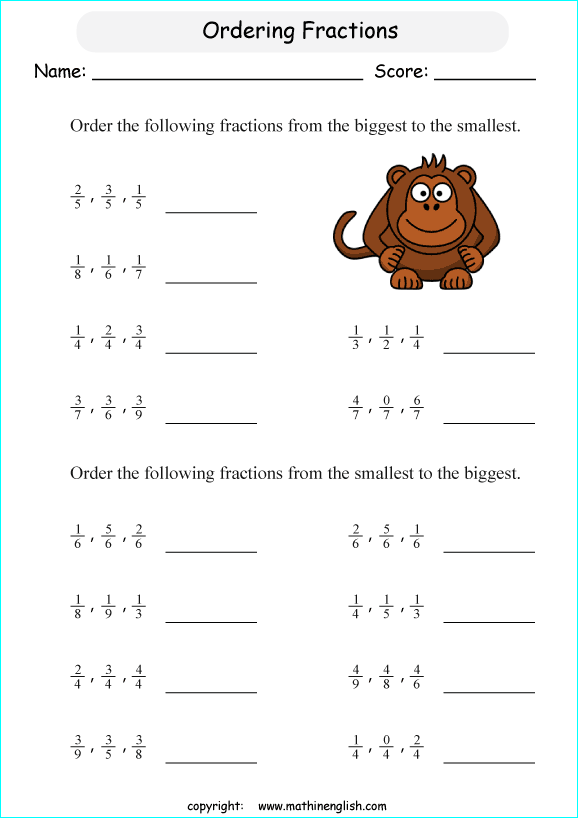 printable comparing and ordering fractions worksheets for kids in primary and elementary math class 