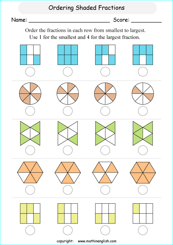 printable comparing and ordering fractions worksheets for kids in primary and elementary math class 