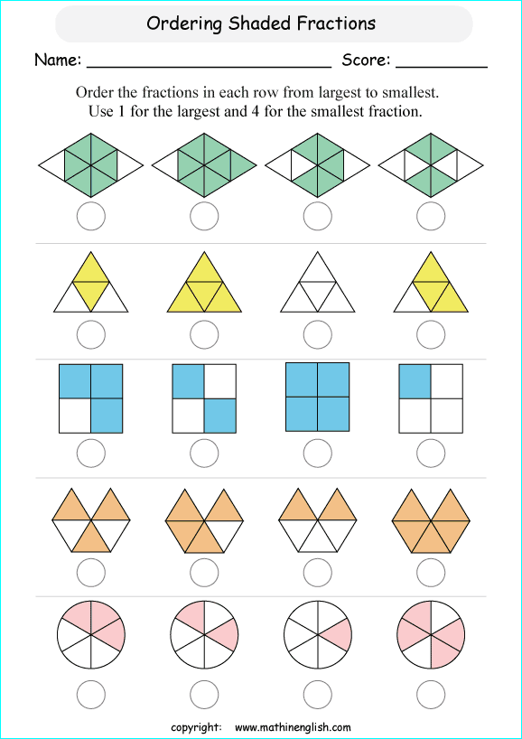 printable comparing and ordering fractions worksheets for kids in primary and elementary math class 