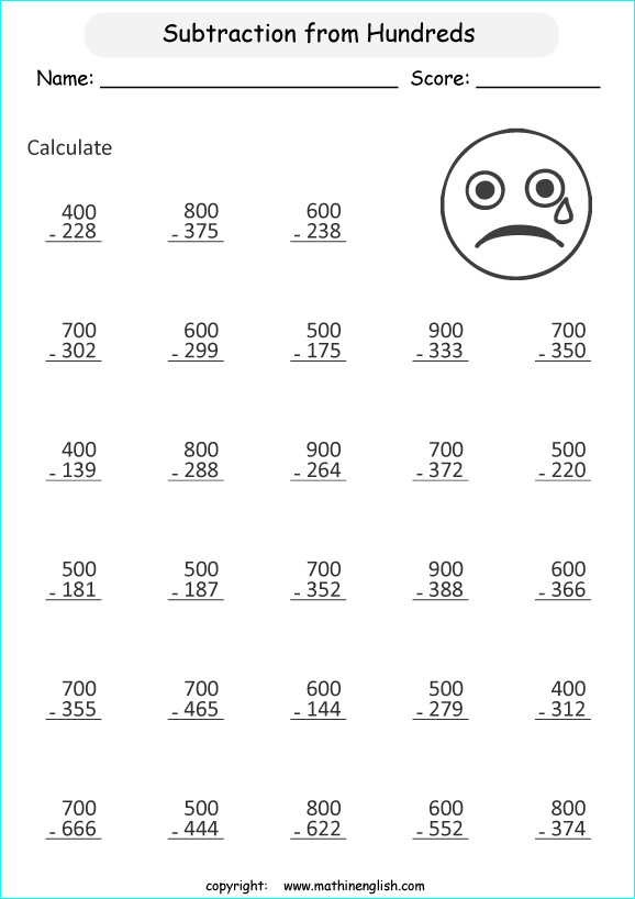 printable math 3 digit subtraction worksheets for kids in primary and elementary math class 