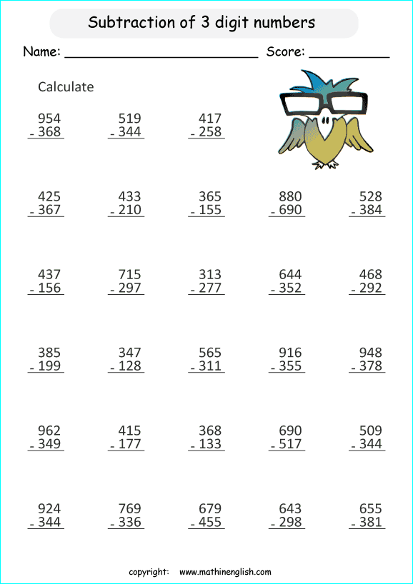 printable math 3 digit subtraction worksheets for kids in primary and elementary math class 