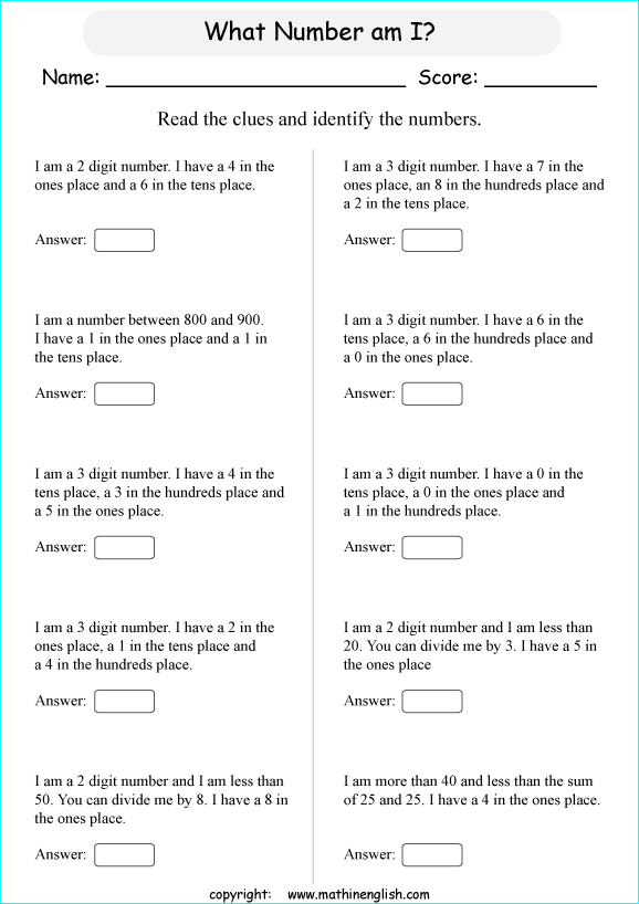 What number am I math place value activity. Read the clues and solve