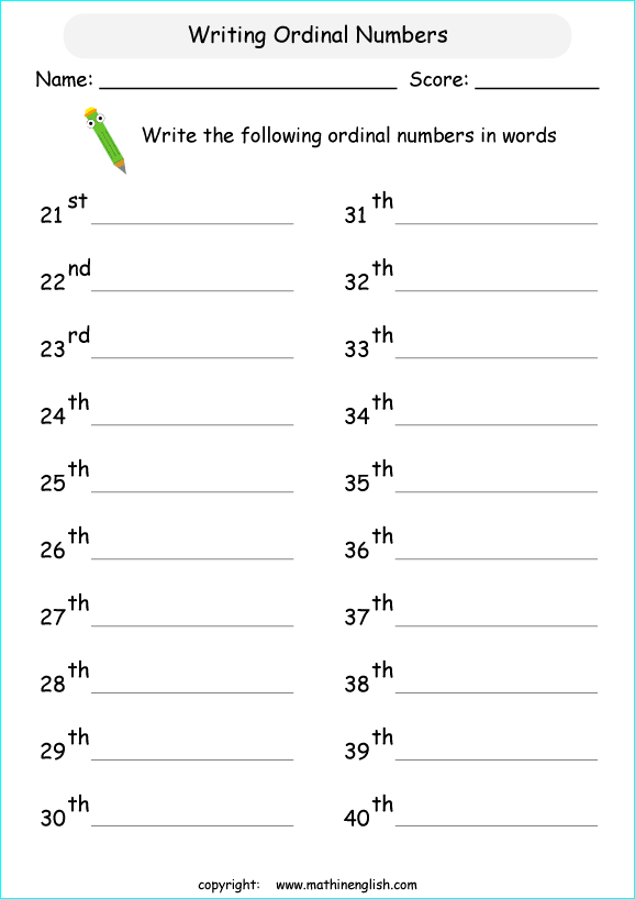 Write And Spell Ordinal Numbers From 20th To 40th Math Grade 2 Numeracy Worksheet For Math 